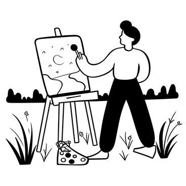 An artist stands in a tranquil field, holding a paintbrush and focused on a canvas set up before them. The canvas displays a sunset with a gradient of shapes and patterns that reflect the moment. Tall grasses sway gently in the breeze around the artist, with a few wildflowers dotting the ground. In the background, a line of distant trees silhouettes against the light, adding depth to the scene. A palette with various tools and paints lies on the grass beside the artist.