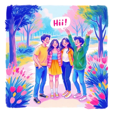 A group of four friends stands together in a park, smiling widely as they joyfully say "Hi!" to one another. Two of the friends are embracing, while the other two are raising their hands in excitement. The scene is filled with laughter, and they are dressed in casual clothes, with one wearing a blue t-shirt, another in a yellow dress, the third in a plaid shirt, and the fourth in a green hoodie. Lush green trees and colorful flowers surround them, creating a vibrant atmosphere for their reunion.