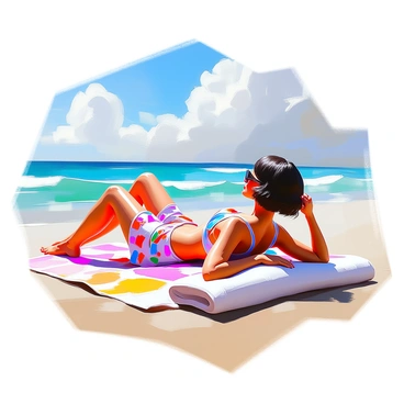 A fashion-forward woman with wavy bobbed hair, wearing vibrant, patterned 1920s beach pajamas that feature bold geometric designs, is lounging gracefully on a sandy beach. She rests on a colorful beach towel, with her one arm draped casually behind her head. The sun casts soft shadows across her relaxed figure, while the waves of the turquoise sea gently lap at the shore in the background. A bright blue sky dotted with fluffy white clouds completes the scene, enhancing the carefree atmosphere of a sunny day at the beach.