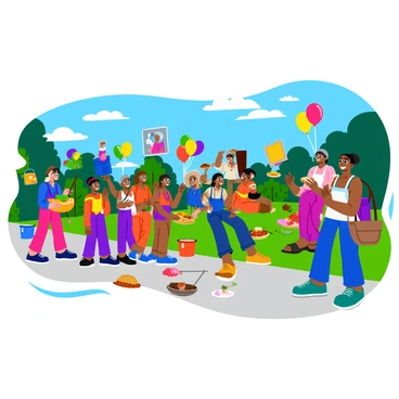 A large outdoor mural depicting a vibrant scene of a community celebration. The mural features diverse groups of people, including families and friends, joyfully interacting and sharing food. Colorful balloons float above the gathering. Artists are actively painting sections of the mural, using bright colors to bring the artwork to life. Various cultural symbols and traditional clothing are represented throughout the mural, emphasizing unity and togetherness. The background shows trees and a blue sky, enhancing the festive atmosphere.