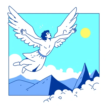 A duotone illustration depicts "Icarus" in mid-fall with outstretched arms reaching towards a bright "sun" that is slowly fading in the sky. Icarus is shown with "wings" made of feathers, which are starting to disintegrate. Below him, the landscape is filled with "mountains" and "clouds" that add depth to the scene. The sky transitions from "blue" at the top to a "yellow" hue closer to the horizon, indicating the day's end. Icarus's expression is one of desperation and awe as he moves towards the sun.