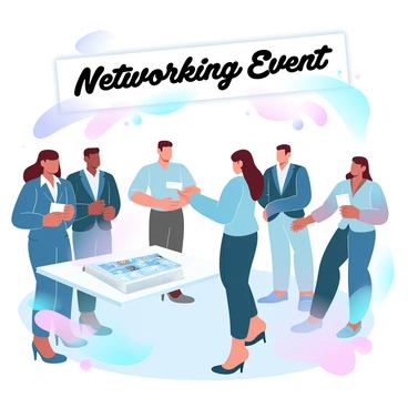 A group of professionals is standing in a lively networking event setting. One individual is handing a business card to another, while others are engaged in conversation nearby. Tables adorned with various promotional materials are scattered around, and colorful banners are visible in the background. Each professional is dressed in formal attire, showcasing a variety of suits and blouses. "Networking Event" is prominently displayed on a banner above them. The atmosphere appears dynamic and collaborative.