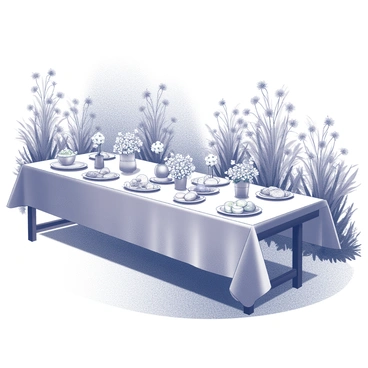 A long table is set in a garden, featuring a variety of dishes arranged neatly across the surface. Each dish is filled with different foods, including pastries, fruits, and salads, all presented in an inviting manner. Surrounding the table, there are several vases filled with fresh flowers, adding natural beauty to the scene. The garden is lush, with greenery and blooming plants providing a rich backdrop to the brunch setting. Sunlight filters through the leaves, creating patterns of light and shadow on the table and the ground.