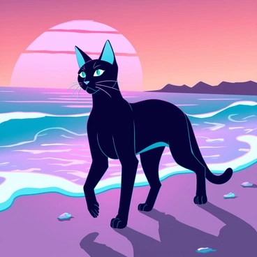 A sleek black cat with piercing green eyes is walking along the wet sand of a beach. The sky is filled with vibrant hues of orange, pink, and purple as the sun sets on the horizon. The waves gently lap at the shore, creating ripples of white foam. The cat's fur glistens under the fading sunlight, and its silhouette stands out against the colorful sky. Small seashells and scattered stones are visible on the sand, adding texture to the scene.
