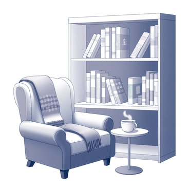 A cozy reading nook with a small, plush armchair positioned beside a tall bookshelf. The armchair is upholstered in soft fabric, creating an inviting atmosphere. The bookshelf is filled with illustrated children's books, their colorful spines visible. A warm, knitted blanket is draped over the arm of the chair, inviting someone to curl up with a book. A small side table next to the chair holds a steaming cup of tea or hot chocolate. A soft, ambient light illuminates the space, enhancing the comfortable and inviting feel of the nook.