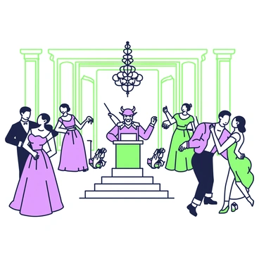 A grand Victorian ballroom filled with elegantly dressed couples dancing. The room features tall, ornate columns and a sparkling chandelier hanging from the ceiling. Each couple is dressed in vibrant period attire, with women wearing flowing gowns and men in tailored suits. In the center of the ballroom, a small raised platform holds a devil figure with exaggerated features, orchestrating the music. The devil has pointed ears and a mischievous grin, holding a conductor's baton. An array of musical instruments, such as violins and cellos, are positioned around him, while the couples dance gracefully in pairs throughout the spacious room.