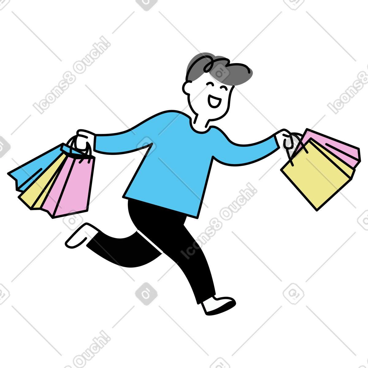 Happy shopper running with bags, Excited shopping experience illustration in Mochi style download in PNG, SVG