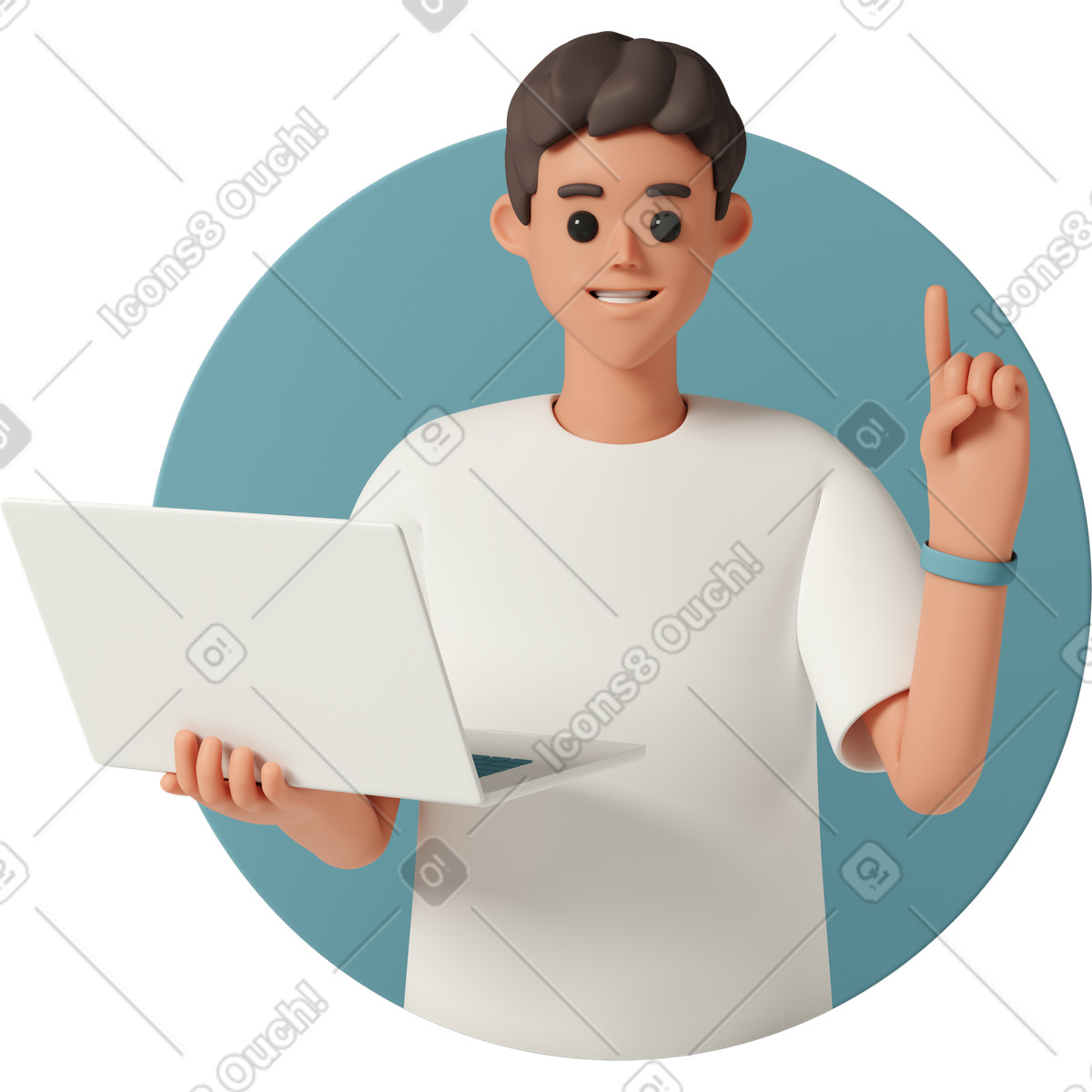 Avatar of young man holding laptop and pointing up-Illustration im 3D Casual life-Stil als Download in PNG, SVG