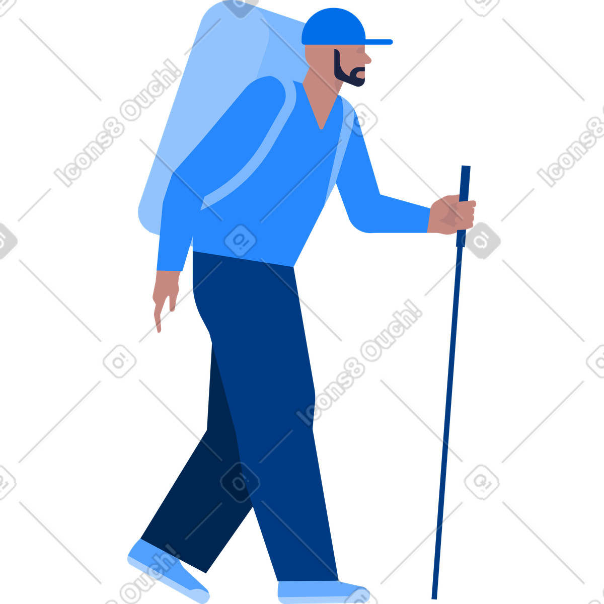 Uomo escursionista con grande zaino e bastone in mano illustrazione stile Urban scarica PNG, SVG