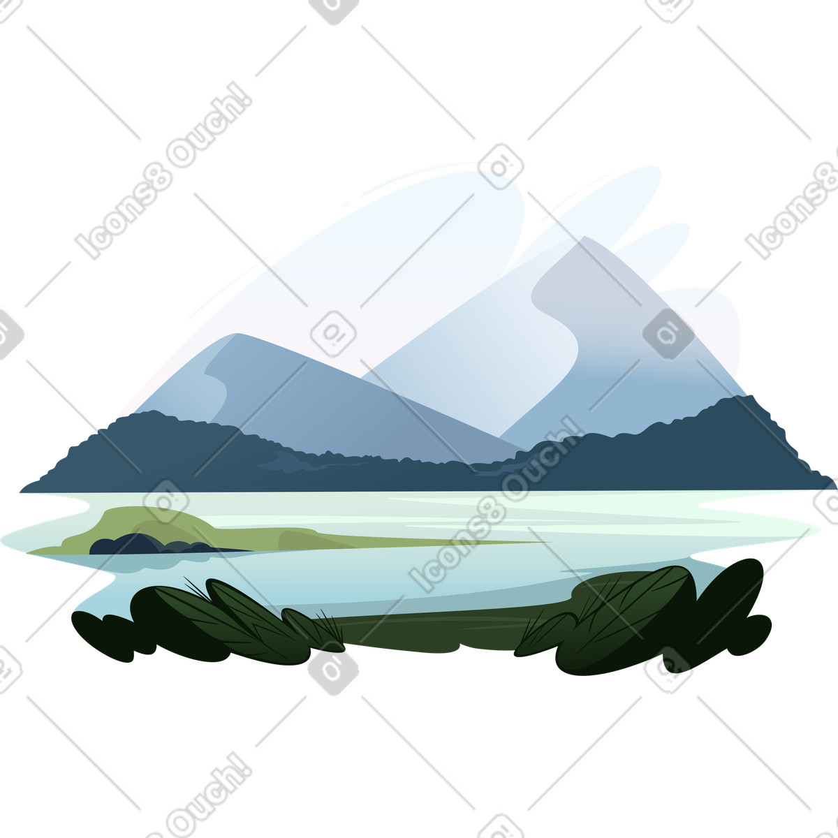 Mountain lake animated illustration in GIF, Lottie (JSON), AE