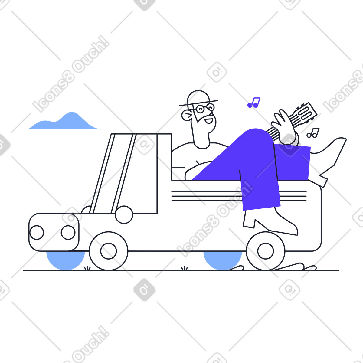 Pablita スタイルの 車のトランクにギターを積んだ紳士 のイラストをPNG、SVG形式でダウンロード