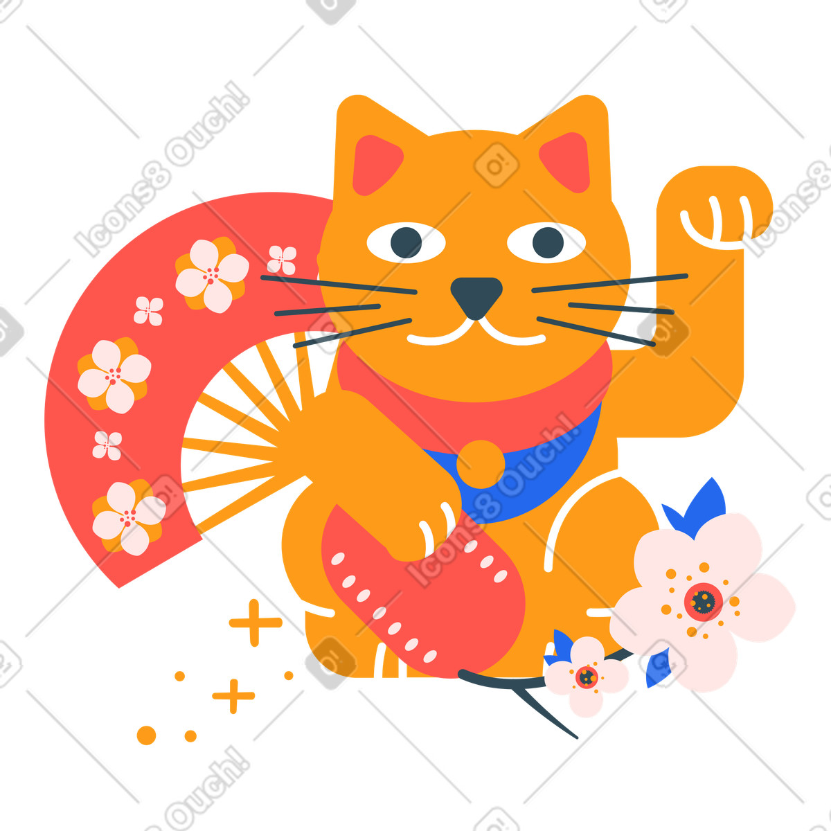 Maneki neko cat with fan and sakura blossoms, Japanese good luck symbol illustrazione in stile Kingdom scarica in PNG, SVG