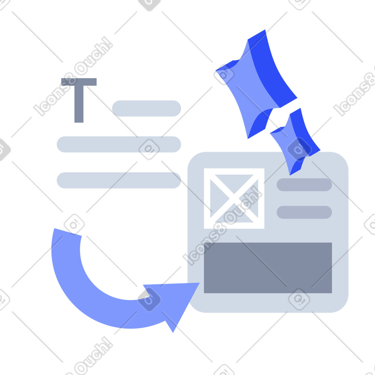 Text prompt transforming into webpage template, AI website and interface generation illustration in System style download in PNG, SVG