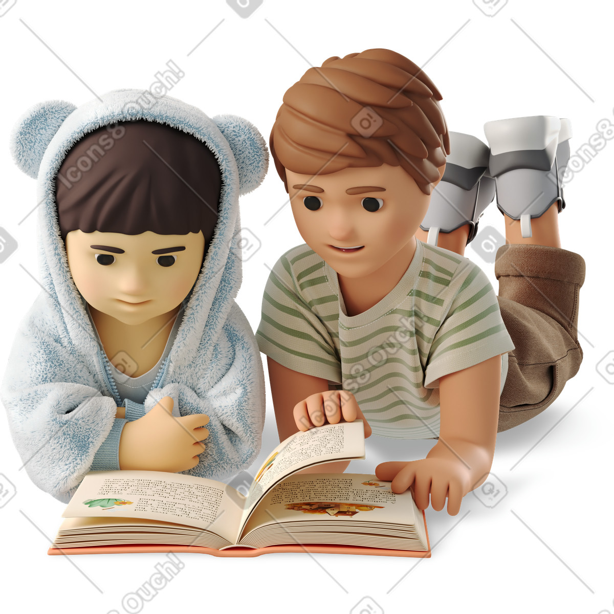 Little kids reading a book illustration in 3D Business style download in PNG, SVG