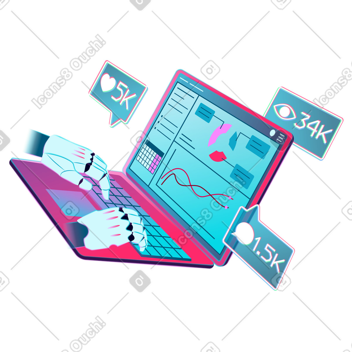 Neon 스타일의 Robot typing at laptop with data charts, AI marketing and analytics 애니메이션 일러스트레이션 GIF, Lottie(JSON), AE로 다운로드