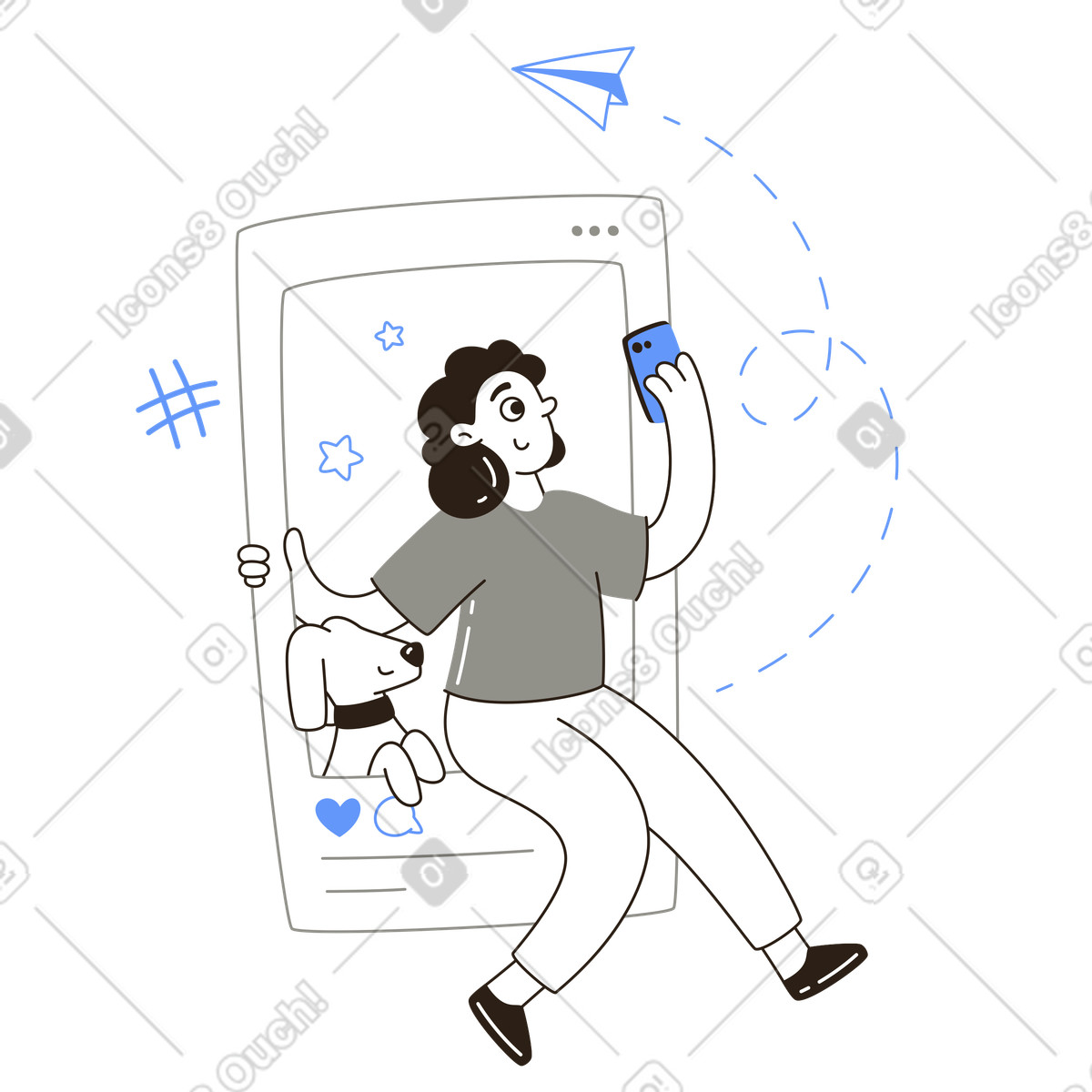 Ilustración animada de Selfie con mascota en interfaz móvil, estilo de vida de influencers, redes sociales y engagement en GIF, Lottie (JSON), AE