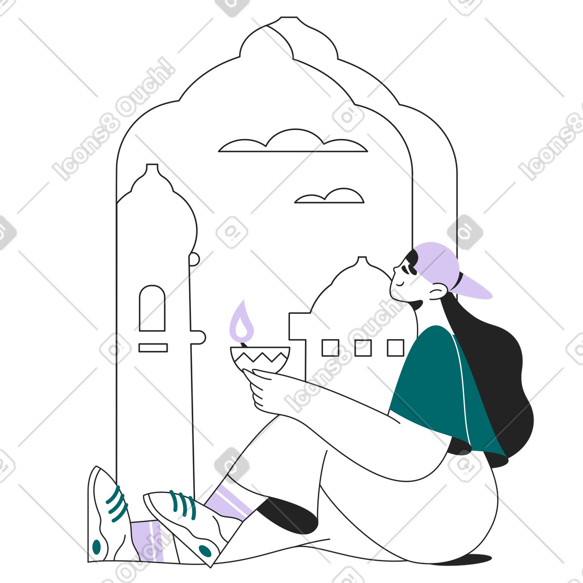 Diwali celebration with diya, indian festival tradition illustration in Sammy Line style download in PNG, SVG