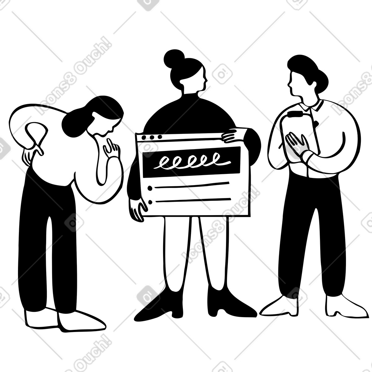 Dreiköpfiges team bei einer präsentation-Illustration im Journal-Stil als Download in PNG, SVG