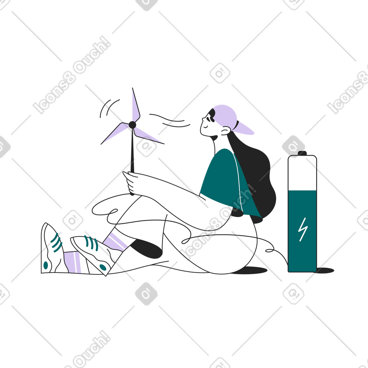 Charging battery with wind turbine, sustainable technology and green power illustration in Sammy Line style download in PNG, SVG