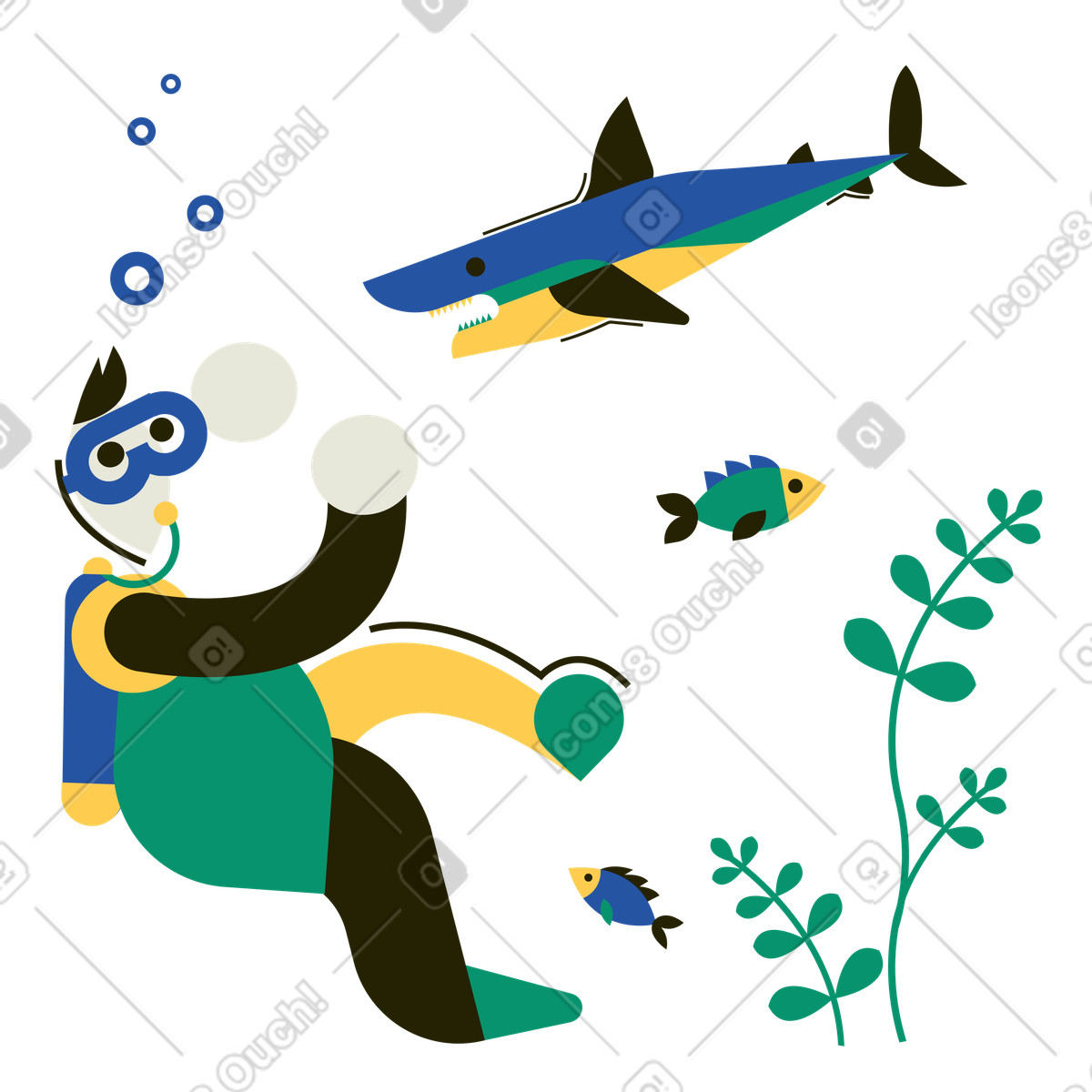 Un subacqueo si imbatte in uno squalo illustrazione stile Spot scarica PNG, SVG