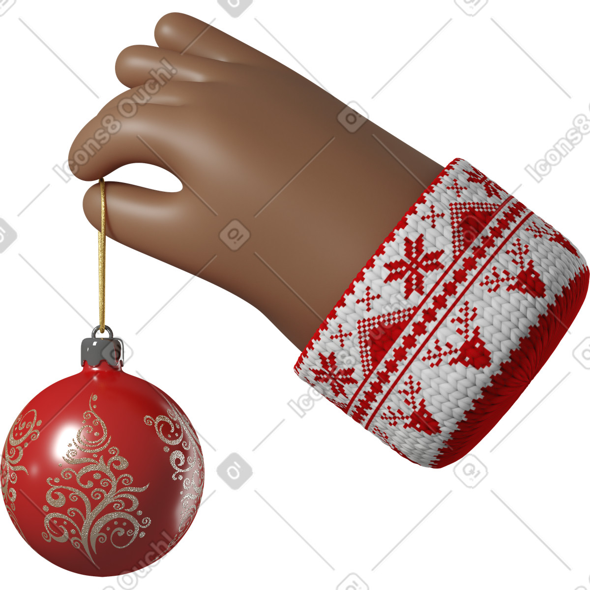 下载 3D Hands Fun&Wild 风格的 拿着圣诞球的深褐色皮肤手 插画，支持 PNG、SVG 格式