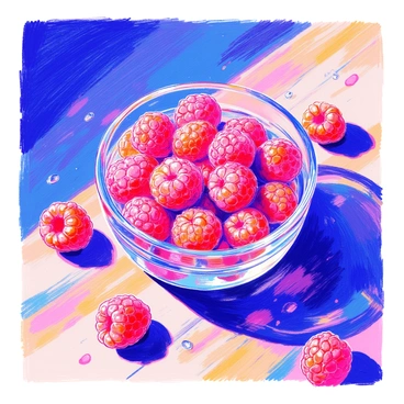 A still life composition features a bowl filled with plump, red raspberries. The bowl is made of clear glass, reflecting light beautifully. The raspberries are glistening with droplets of water. The scene is set on a wooden table that adds texture. Dramatic lighting casts deep shadows across the table, enhancing the vibrant color of the raspberries and creating contrast. A few raspberries are scattered around the bowl, adding to the composition.