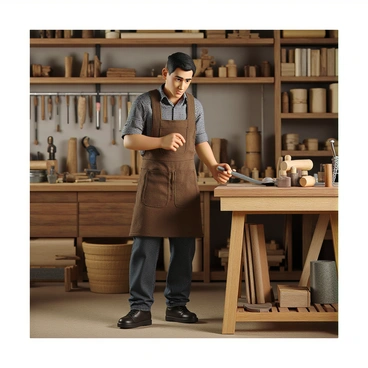A skilled craftsman with medium skin, standing in his workshop surrounded by various woodworking tools, such as chisels, a hand saw, and a hammer. He is wearing a flannel shirt and work trousers, along with a leather apron. The craftsman is focused on shaping a piece of wood with a chisel, holding it firmly in one hand. In the background, there are shelves filled with wooden pieces and finished products. The scene is well-lit, highlighting the details of the wood textures and the tools in use. The composition is framed as a carte de visite, giving it a vintage aesthetic.