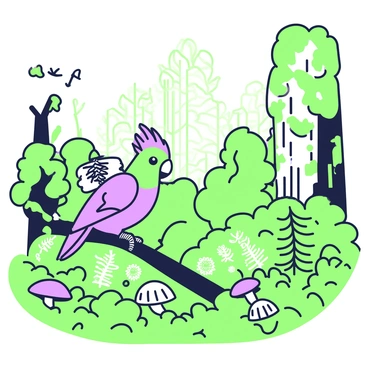 A cockatiel with a small, detailed backpack is perched on a branch in a lush forest. The bird has bright feathers and a distinct crest, looking curiously around its vibrant surroundings. Below the branch, dense green foliage spreads out, with a variety of plants and small flowers. Sunlight filters through the leaves, creating a dappled effect on the ground, where ferns and mushrooms can be seen. In the background, tall trees rise majestically, their trunks covered in moss. The scene captures the cockatiel's sense of adventure in this rich, natural environment.