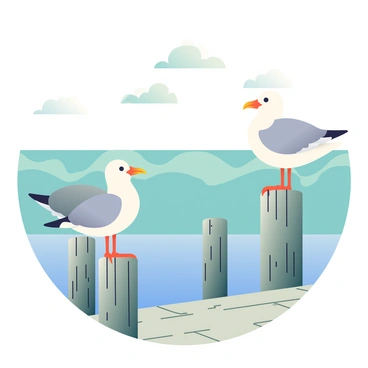 Seagulls with white feathers and grey wings are perched on weathered wooden dock posts, their beaks slightly open as they look around. The dock is made of aged wood, showing signs of wear and stain from years of exposure to the elements. In the background, a sea with gentle waves reflects a gradient of blue and turquoise, merging into the horizon. The sky above is dotted with soft, fluffy clouds, creating a tranquil atmosphere.