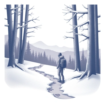 A lone hiker is walking along a snow-dusted trail in a tranquil forest during January. The hiker is wearing a winter jacket and carrying a backpack. Tall trees with their branches coated in white snow surround the trail, creating a canopy overhead. The ground is blanketed with a layer of fresh snow, with footprints leading the way. In the background, there are hints of distant mountains partially obscured by fog. The overall atmosphere conveys a sense of solitude and calm in the winter landscape.