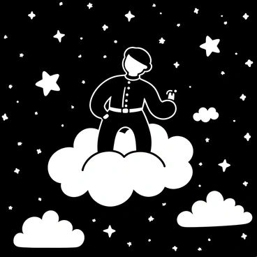 A figure dressed in a military uniform is floating on a fluffy cloud surrounded by numerous stars. The cloud is soft and billowy, with wispy edges touching the surrounding starry night. The stars vary in size, some shining brightly while others twinkle gently in the background. The all-encompassing night sky is filled with numerous celestial elements, creating an enchanting atmosphere. A few small, whimsical clouds drift nearby, enhancing the dreamlike quality of the scene.