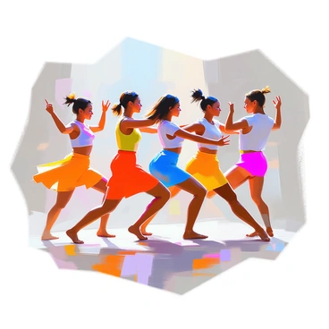 A dynamic composition featuring several figures engaged in lively movement. Each figure is depicted in various poses, showcasing a range of gestures, from dancing to stretching. The figures are outlined with bold, sweeping strokes that capture the essence of their motion. Bright, vibrant colors fill the forms, emphasizing the energy of the scene. Some figures are overlapping, suggesting a sense of interaction and rhythm among them. The background is filled with abstract shapes and colors that enhance the feeling of movement.