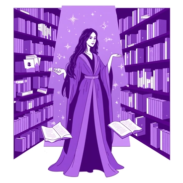 A purple magical librarian stands in the center of an enchanted library, surrounded by numerous white books floating in mid-air. The librarian is wearing a flowing robe adorned with intricate silver patterns. Her long hair cascades down her back, illuminated by a faint golden glow. The shelves around her are filled with countless books, some with glowing spines, while others appear old and dusty. The atmosphere is filled with a sense of wonder as twinkling lights dance in the air around her.