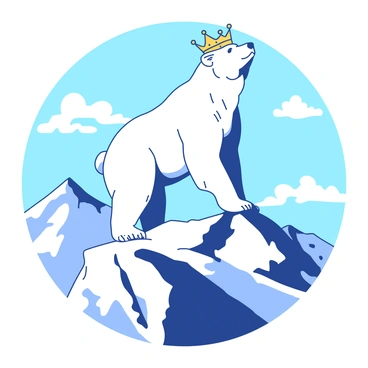 A white bear wearing a golden crown is standing confidently on top of a snow-capped mountain peak. The bear has a proud posture, with its chest puffed out and head held high. The mountain has sharp, rugged edges, and the snow glistens under bright sunlight. The sky above is a gradient of blue and white, with a few fluffy clouds drifting by. The bear's fur contrasts sharply against the snowy backdrop, emphasizing its majestic presence on the mountain.