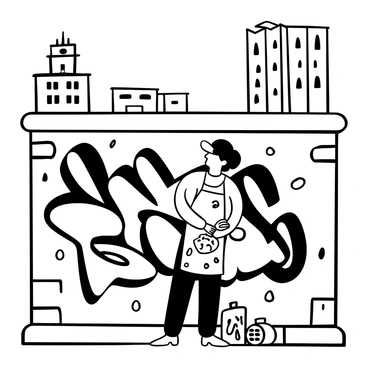 A graffiti artist standing in front of a large city wall, holding a spray paint can in one hand and a paint palette in the other. The wall is covered with intricate graffiti designs and patterns. The artist is wearing a cap and an apron splattered with paint. Nearby, various paint cans are scattered on the ground. The background features tall buildings and a clear sky.