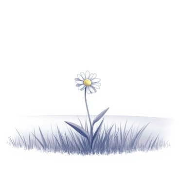 A single daisy stands in the center of a vast, empty field. The daisy features a round white flower head with yellow petals radiating from its center. It is surrounded by tall grass that sways gently in the wind, emphasizing the isolation of the flower. The field stretches out in all directions, with no other flowers or plants in sight, creating a sense of openness and solitude. The sky above is clear, adding to the expansive feel of the landscape.