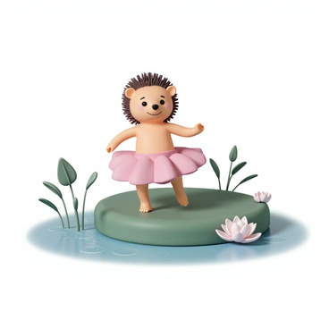 A hedgehog, with its quills slightly ruffled and a bright pink tutu wrapped around its midsection, is balancing on a large green lily pad. The hedgehog has a joyful expression on its face as it dances with one tiny paw lifted in the air. Surrounding the lily pad stage, there are delicate water lilies and gentle ripples in the water reflecting light. The background includes soft greenery, adding to the enchanting atmosphere of the scene.