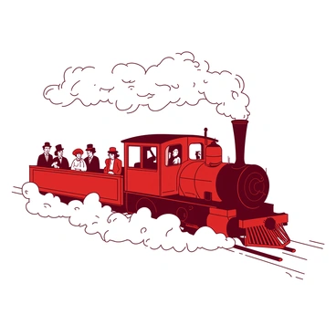 A red steam train is emerging from a thick layer of white fog, its plume of steam rising high into the air. The train is adorned with vintage details, showcasing its classic design. Inside the train, several passengers in period clothing are peering out the windows, their expressions filled with curiosity. The passengers are dressed in outfits from the late 19th century, with men in hats and suits and women in long dresses and bonnets. The scene captures the moment as the train approaches, with the fog creating an air of mystery around it.