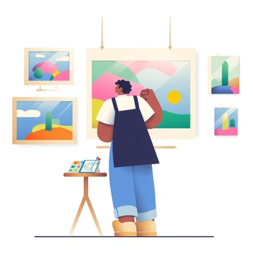 An artist with medium skin and short curly hair is standing in an art gallery, adjusting frames on the white walls. They are wearing a black apron over a white shirt and blue jeans. Various paintings in vibrant colors are displayed on the wall, showcasing abstract and landscape themes. The artist is focused on straightening a large rectangular frame that contains a colorful abstract painting. Below the artwork, a small wooden table holds paintbrushes, palettes, and a sketchbook open to a page with a drawing. The gallery has polished wooden floors and soft lighting illuminating the artworks.
