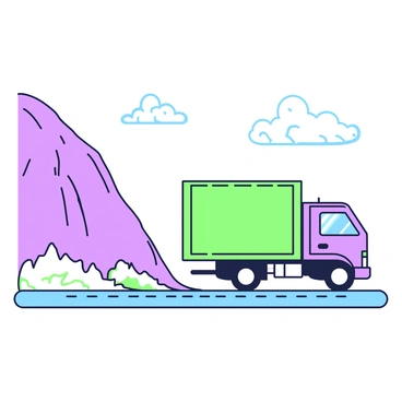 A car freight truck is driving along a coastal highway. The truck is large, with a distinct cargo container in the back. It is positioned in the center of the image, moving forward on the road. On one side, there is a steep cliff that leads down to a rocky shoreline. Below the cliff, waves are crashing against the rocks, creating white foam as they hit the surface. The sky above is clear, with a few fluffy clouds scattered across it. The highway curves slightly to the right, providing a dynamic sense of movement. The truck's wheels are firmly on the asphalt, and the ocean's blue hues reflect off the truck's surface.