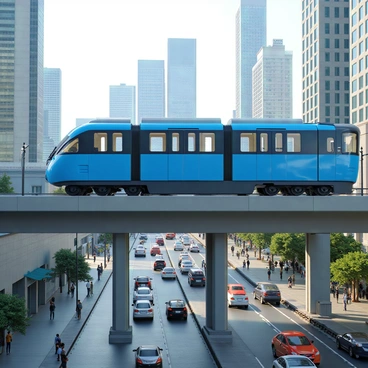 A sleek monorail painted in a vibrant blue color is transporting cargo containers above a bustling metropolitan area. The train has large windows that reflect the skyline filled with tall skyscrapers. Below, the streets are crowded with cars and pedestrians, showcasing the city's lively atmosphere. The monorail glides along its elevated track, which is supported by modern concrete pillars. In the background, people can be seen engaging in various activities, contributing to the dynamic urban scene.
