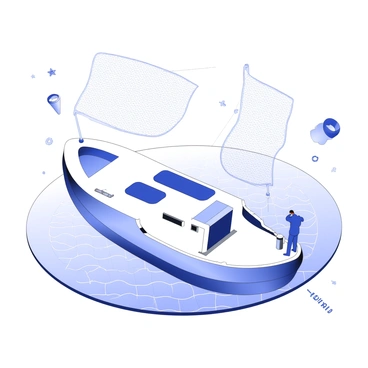 A boat is floating on a digital sea, which features pixelated waves resembling a grid. The hull of the boat is sleek and modern, with various technological gadgets attached. A fisherman stands at the edge of the boat, casting out cyber nets that shimmer with digital patterns. The nets expand as they spread wide, capturing elements of the virtual environment. Surrounding the boat, floating data points and binary code ripple across the surface of the sea.
