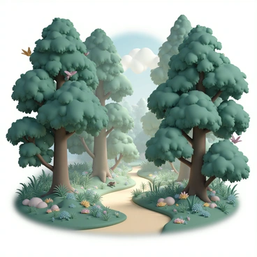 A dense forest with tall trees that have trunks resembling the shape of breasts. The trees are covered in lush green leaves, and soft sunlight filters through the canopy, creating dappled patches of light on the forest floor. The ground is blanketed with soft moss and a variety of colorful wildflowers. A small, winding path leads deeper into the forest, flanked by ferns and gentle underbrush. Birds can be seen perched on the branches, while small animals can be glimpsed in the underbrush.