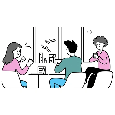 A group of three travelers sitting in a sleek airport lounge. One traveler, a woman with long brown hair wearing a light blue jacket, is showing her phone screen to a man sitting beside her. The man, with short black hair and wearing a dark green shirt, appears engaged and is leaning forward. On the opposite side, a third traveler, a woman with curly hair dressed in a red sweater, is looking over at them while sipping a cup of coffee. The lounge is furnished with modern chairs and large windows displaying planes outside. A table nearby holds travel brochures.