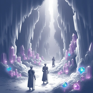 A vast cave system with intricate crystal formations jutting out from the walls and ceiling. The cave is illuminated by numerous gemstones, each emitting a soft glow, casting light and shadows across the jagged surfaces. In various sections of the cave, mythical guardians stand watch, depicted as tall, elegant figures with intricate details. The guardians have a majestic posture, adorned with ornate armor that reflects the faint light from the gemstones surrounding them. The ground is uneven, covered with sparkling mineral deposits and the reflections of the glowing gems create a captivating scene throughout the cave.