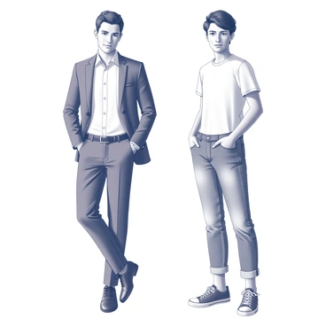 A person stands with a confident posture, featuring an outfit divided into two contrasting styles. The left side showcases a formal attire, consisting of a tailored suit jacket, a crisp white shirt, and neatly pressed trousers. The right side presents a casual look, including a relaxed t-shirt and comfortable jeans. The person wears polished dress shoes on the formal side, while the casual side displays sneakers. The different styles create a striking visual contrast, demonstrating the blend of sophistication and laid-back comfort.