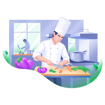 A chef in a sharp illustration style, skillfully preparing food in a bustling kitchen.