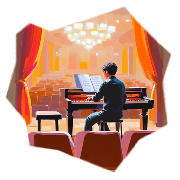 A focused musician with medium skin tone is playing a grand piano during a rehearsal in a spacious concert hall. The musician is wearing a black shirt and has short, curly hair. The grand piano is polished and elegant, positioned on a wooden stage. Surrounding the stage are plush red curtains and rows of empty seats, which suggest a large audience will soon be present. Sheet music is open on the piano, and the musician's fingers gracefully move across the keys, emphasizing the artistry of the performance. Soft light from overhead chandeliers casts a warm glow over the scene.