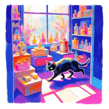 A black cat with shiny fur is exploring an antique shop. The shop is filled with a variety of old trinkets and curios, such as ornate wooden boxes, delicate porcelain figurines, and vintage clocks. There are also shelves lined with dusty books and glass bottles of different shapes. The cat weaves between the items, its green eyes wide with curiosity. Sunlight filters through a window, casting warm light on the eclectic assortment of antiques.