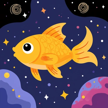 A goldfish with bright orange scales swimming gracefully through a cosmic scene filled with various colorful stars and swirling galaxies. The goldfish has flowing fins that create ripples in the surrounding space. The background features deep blues and purples, with clusters of twinkling stars and vibrant spiral galaxies scattered throughout the scene. The fish's eyes are wide and curious, reflecting the wonders of the cosmos.